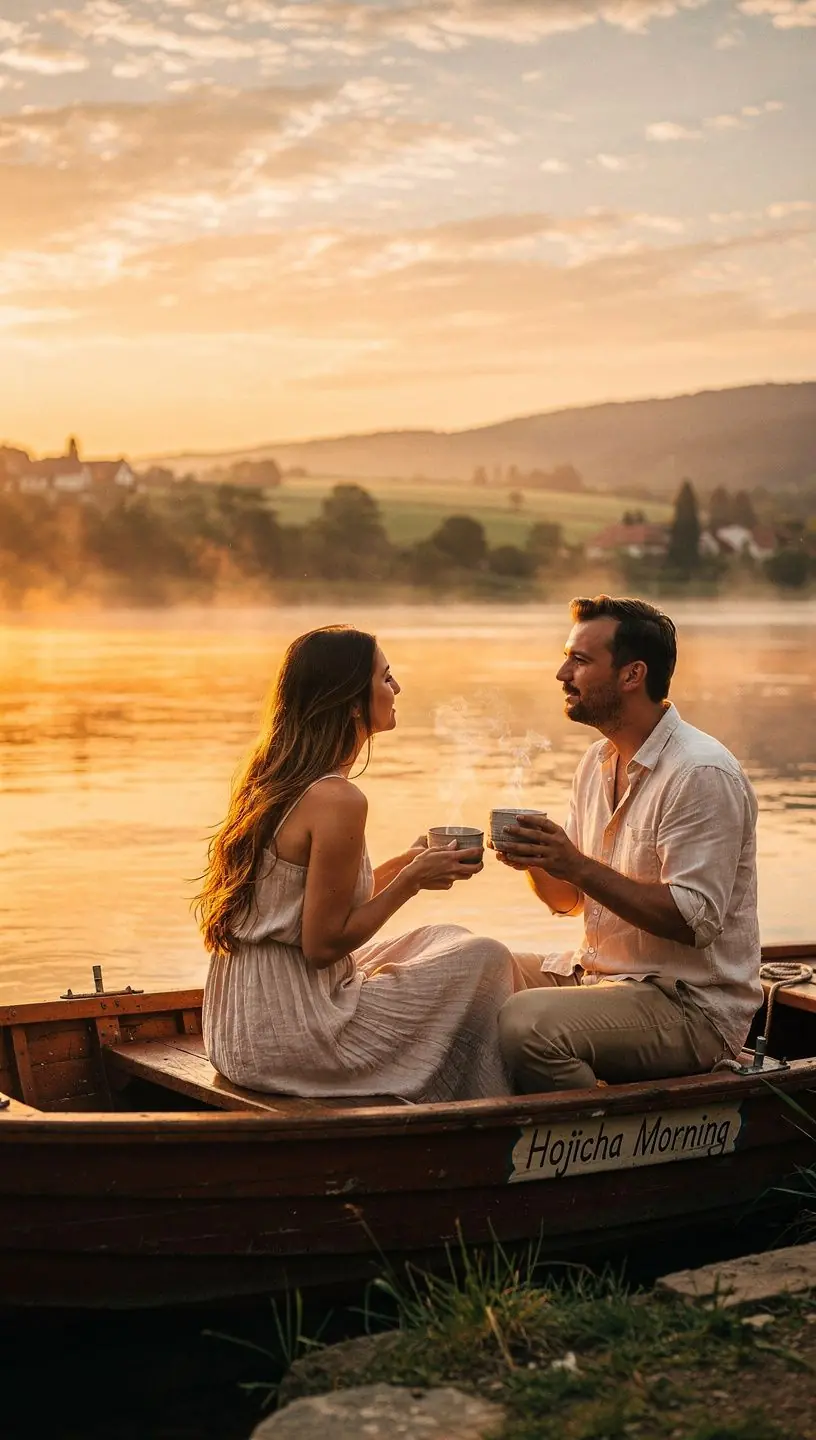 Hojicha čaj s kávovou lyžičkou na pozadí s prírodnými textúrami