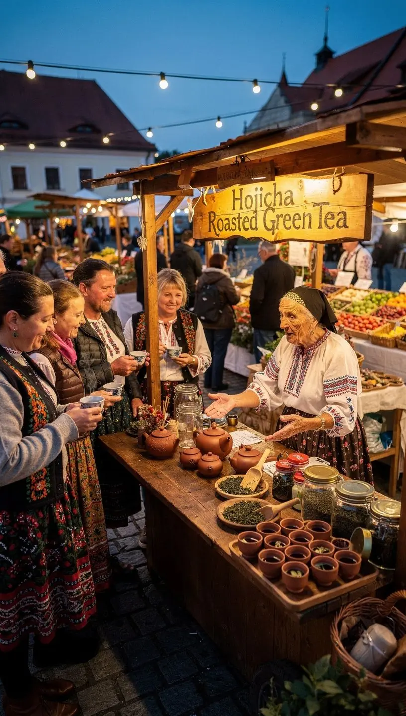 Karamelové nuansy v čaji Hojicha zachytené vo svetle