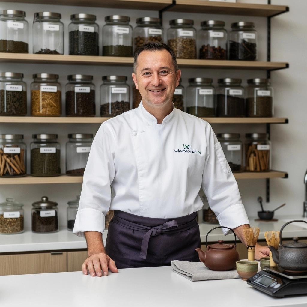 Hojicha čaj s kockou cukru vedľa šálky na drevenom stole